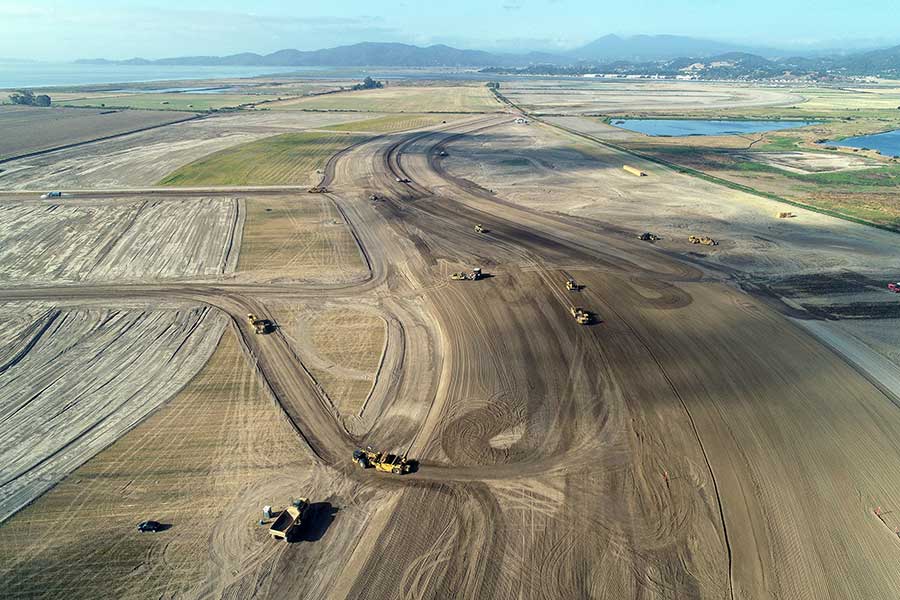 Levee constructed near the Bel Marin Keys. Restoration of tidal marshes, flood control. Forgen Geotechnical construction.